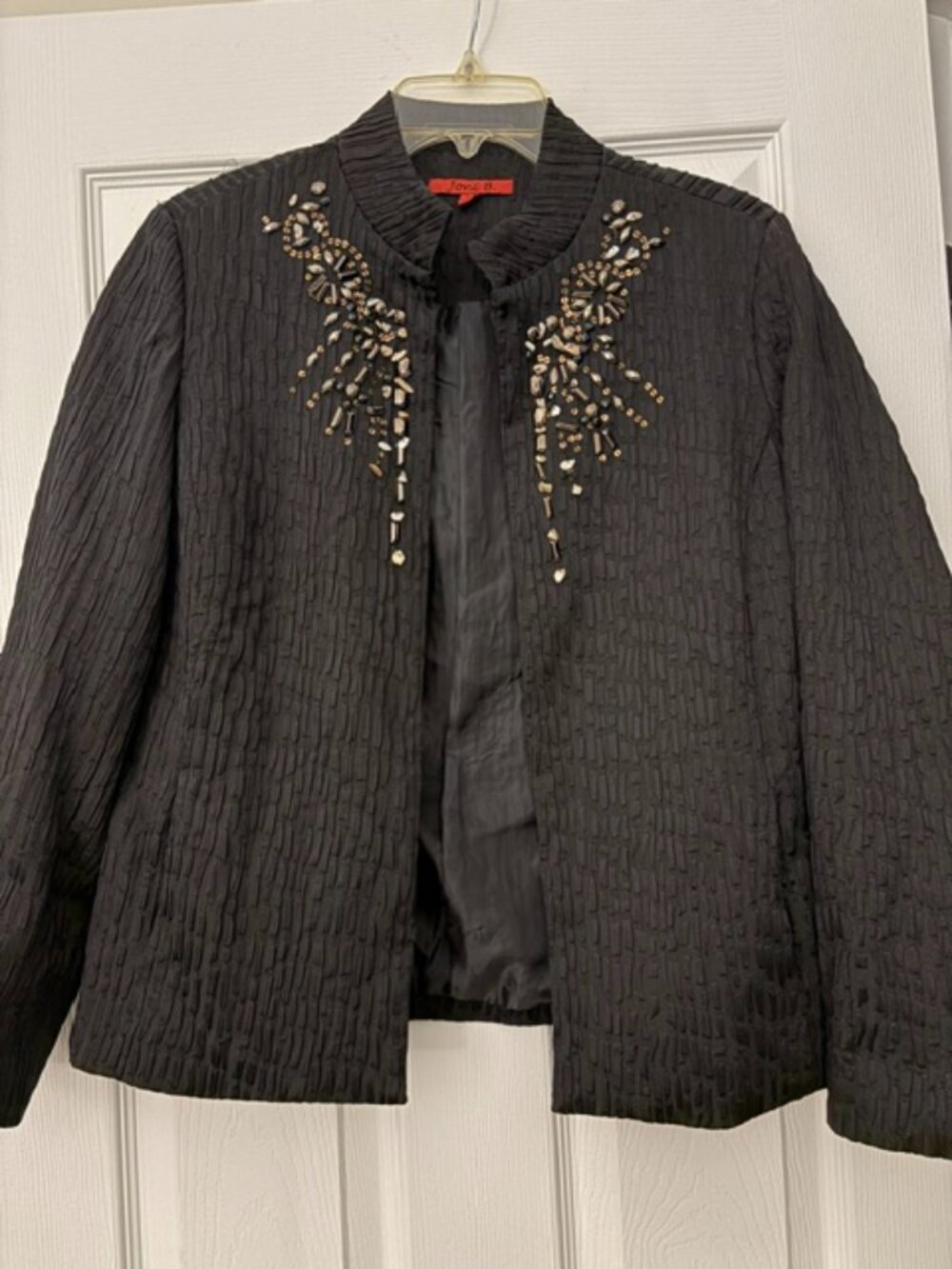Black Mandarin-Collared Jacket with Tan and Gold Beading